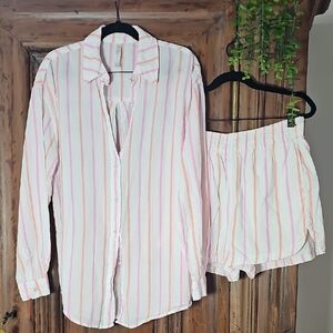 Fabletics White Pajama Set with Pink and Orange Stripes